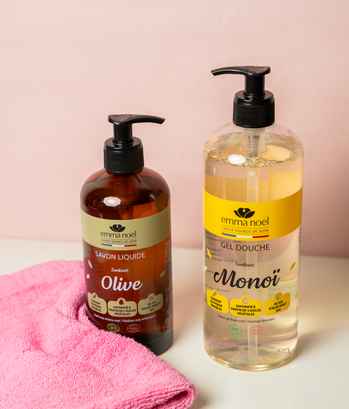 Savon liquide senteur Olive et gel douche senteur Monoï Emma Noël